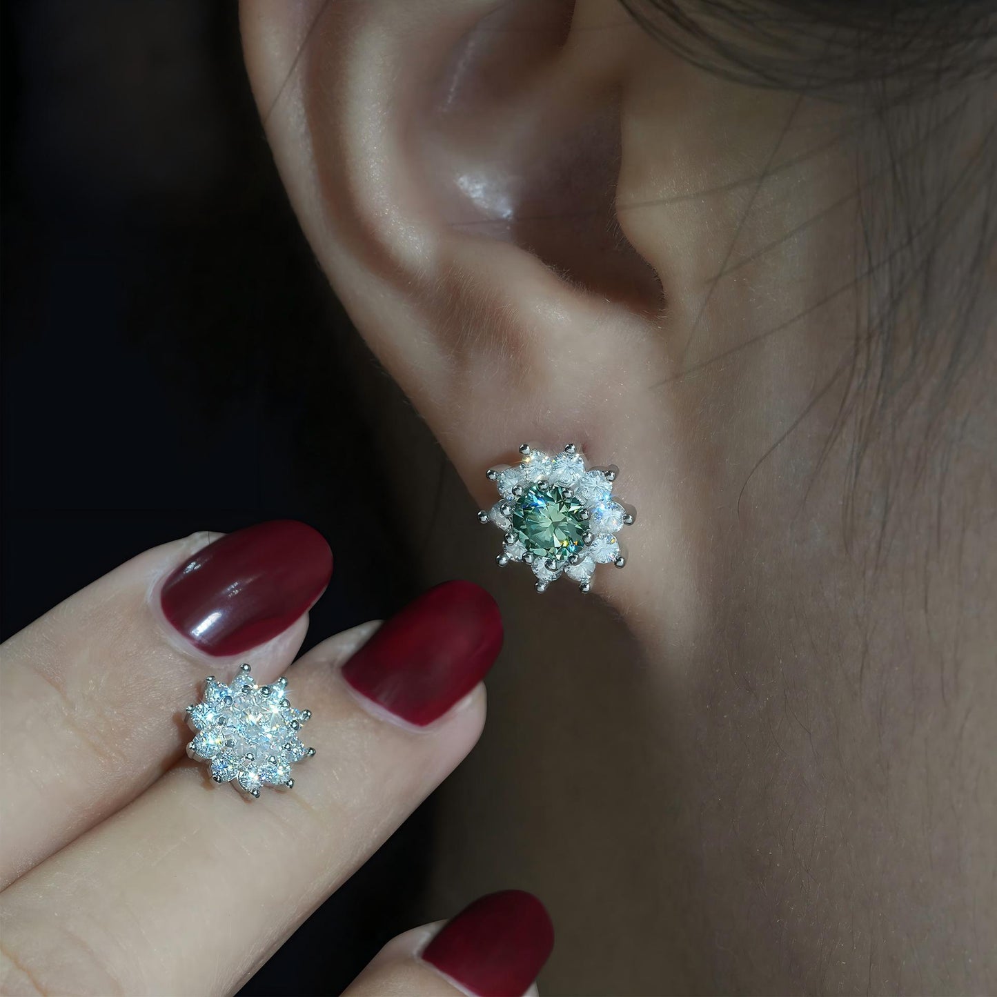 Earrings worn as romantic statement. Alt: “Floral Sparkle: Moissanite Cluster Earrings.”