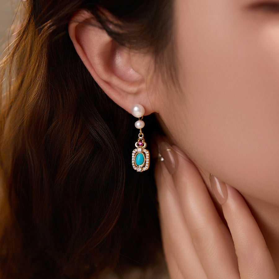 Model Wearing Jade Serenity Earrings – Elegant Oriental Style