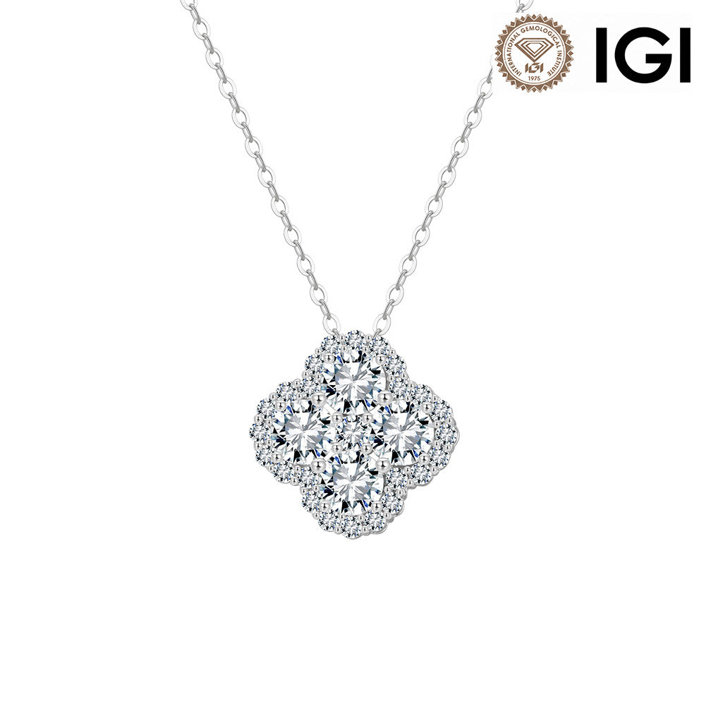 IGI certified diamond necklace featuring a silver-toned four-petal clover pendant with a central cluster of round brilliant-cut diamonds and surrounding pavé diamonds, suspended from a delicate link chain on a white background.