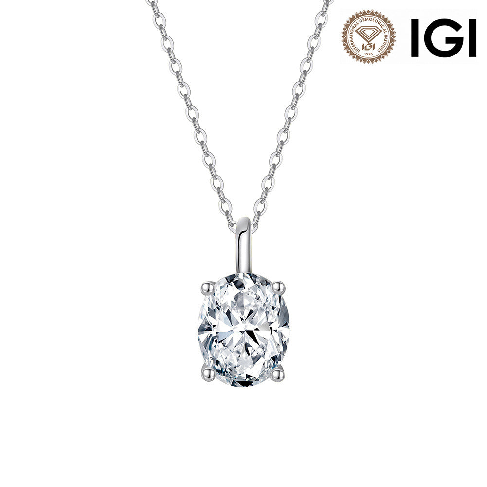 10k white gold 5x7mm four-prong oval lab diamond engagement pendant necklace with IGI logo on white background
