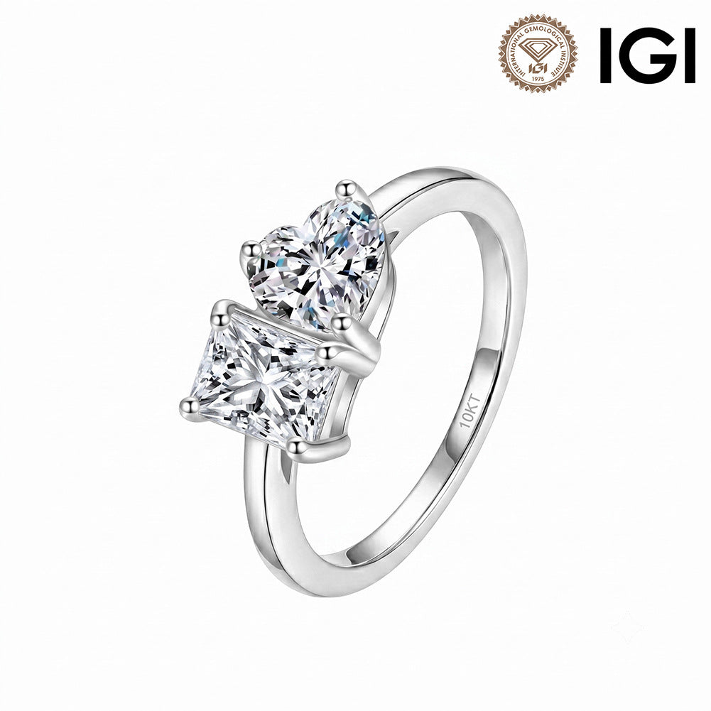 10k white gold heart and princess cut toi et moi lab-grown diamond engagement ring with IGI logo on white background