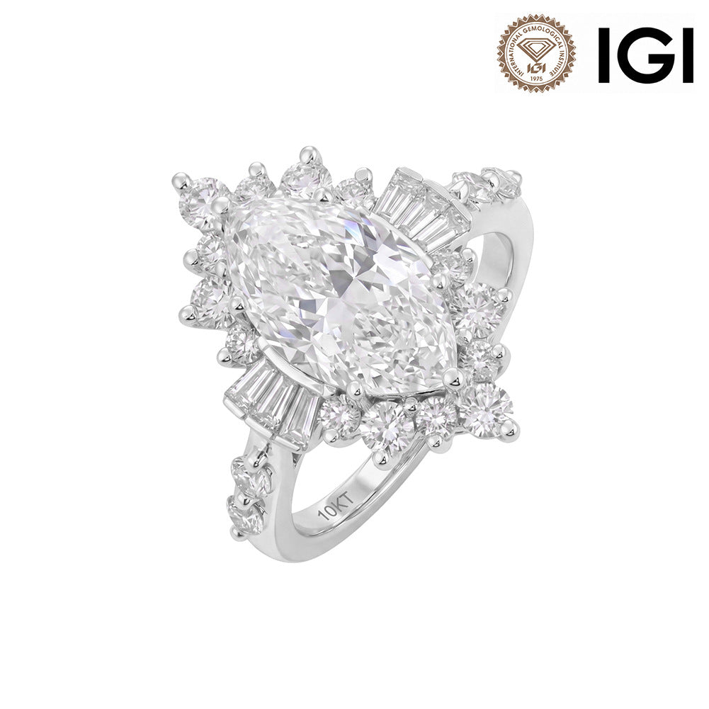 10k white gold marquise cut lab diamond starburst halo engagement ring with IGI logo on white background