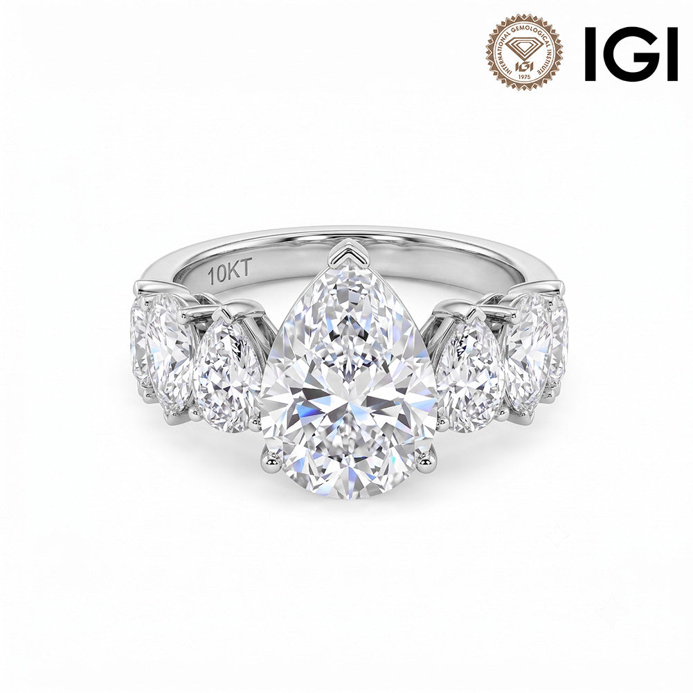 10k white gold pear cut lab-grown diamond five-stone engagement ring with IGI logo on white background