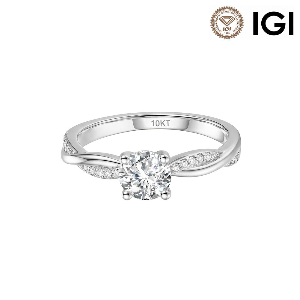 10k white gold round cut lab-grown diamond twist vine engagement ring with IGI logo isolated on white studio background