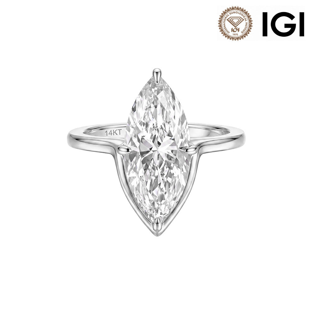 14k white gold marquise cut lab diamond solitaire V engagement ring with IGI logo isolated on white background