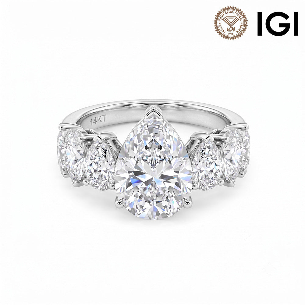 14k white gold pear cut lab-grown diamond five-stone engagement ring with IGI logo on white background
