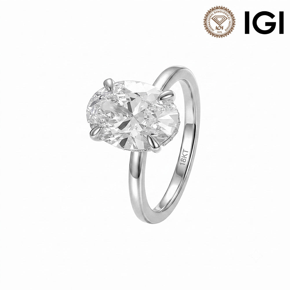 18k white gold 2 ct oval cut lab diamond solitaire engagement ring with IGI logo isolated on white studio background