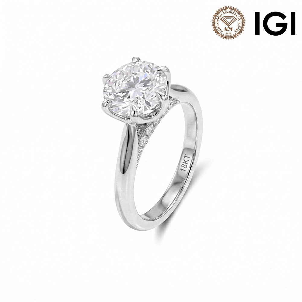 18k white gold round cut lab diamond six-prong solitaire engagement ring with IGI logo isolated on white background