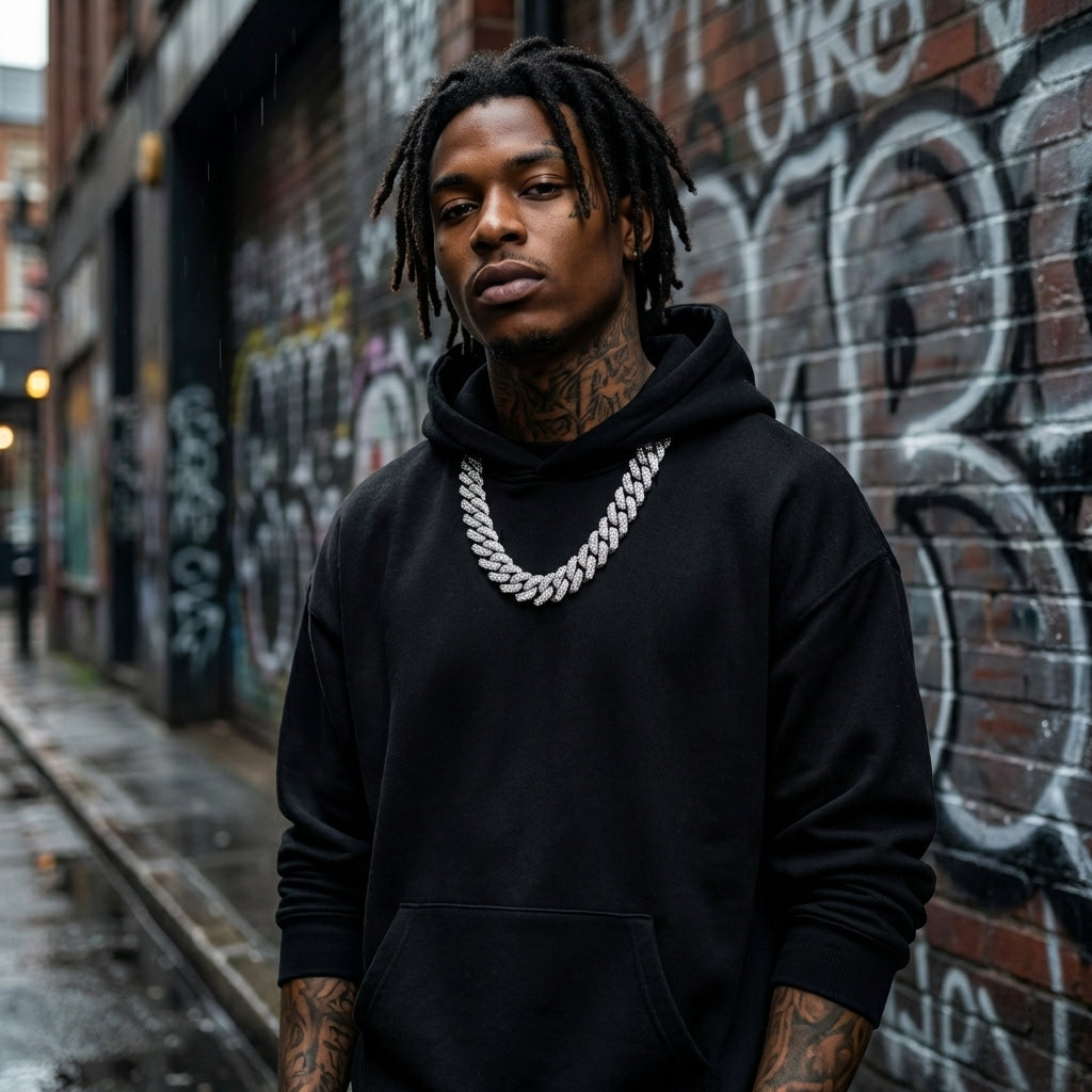 Chain worn over a hoodie (not under), demonstrating how 18mm width is designed to be seen.