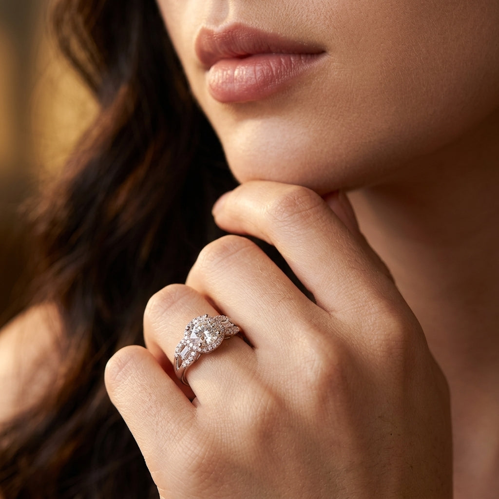 Model showing 1CT round cut moissanite halo ring with split pave shank in studio lighting.