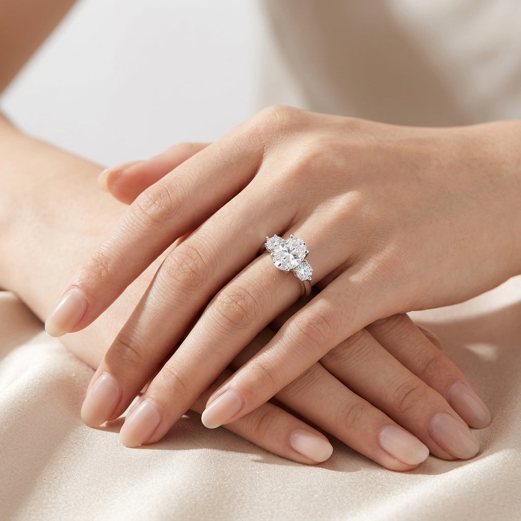 Model showing 2.5ct oval cut moissanite three-stone ring on hand in soft ambient lighting.