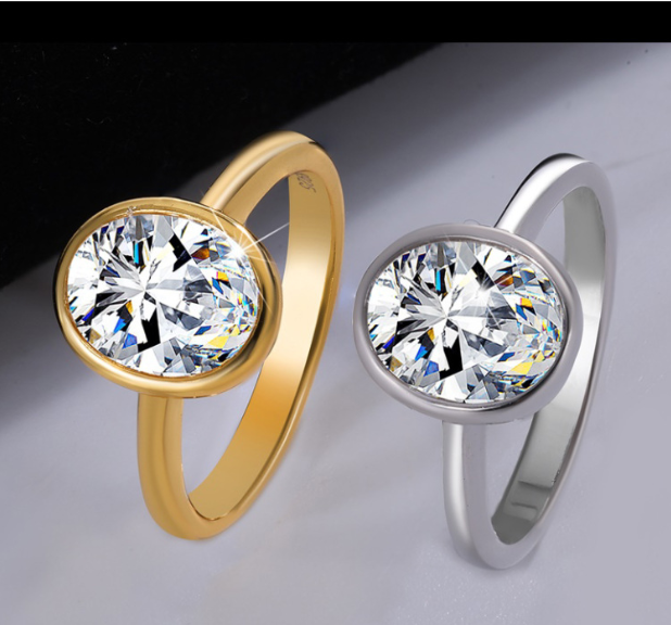 Gold and silver rings with large gemstones on a gradient background