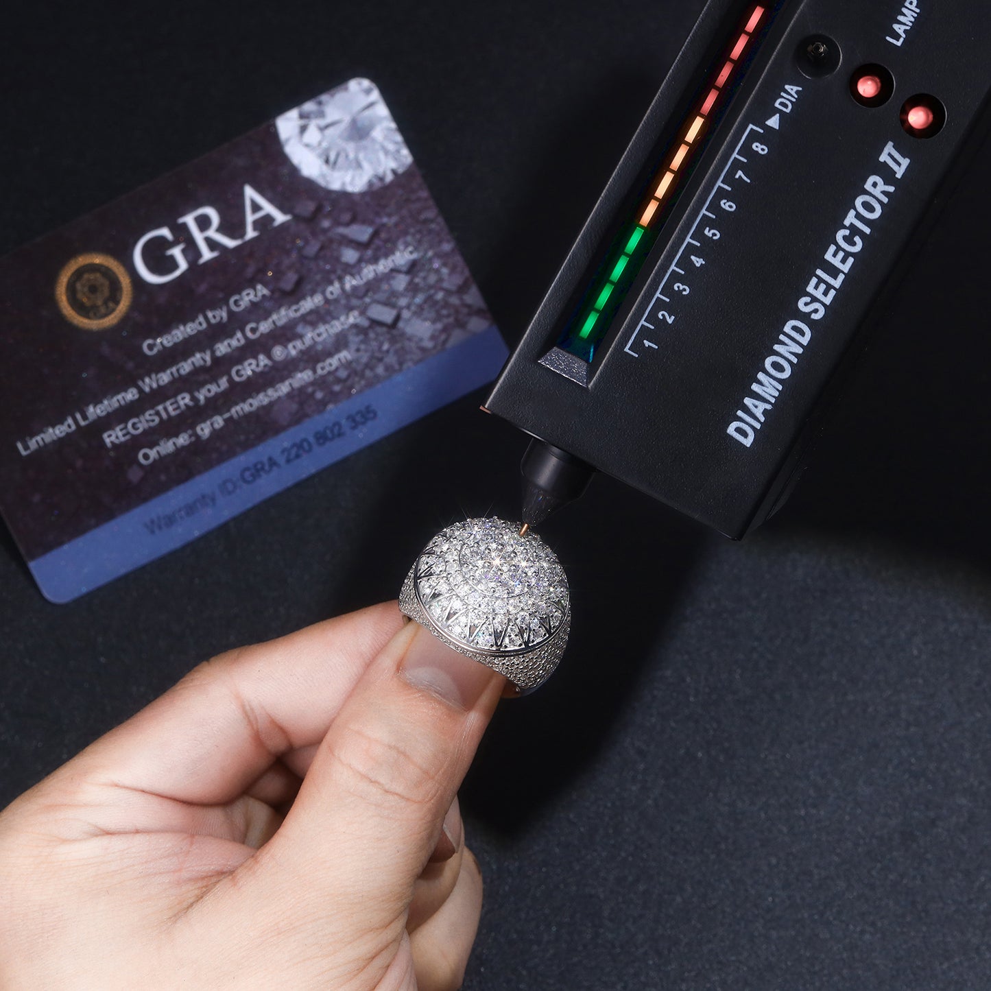 925 Sterling Silver Iced Out Moissanite Hip-Hop Dome Ring with sparkling stones and bold design, showcasing ZERRA's jewelry craftsmanship.