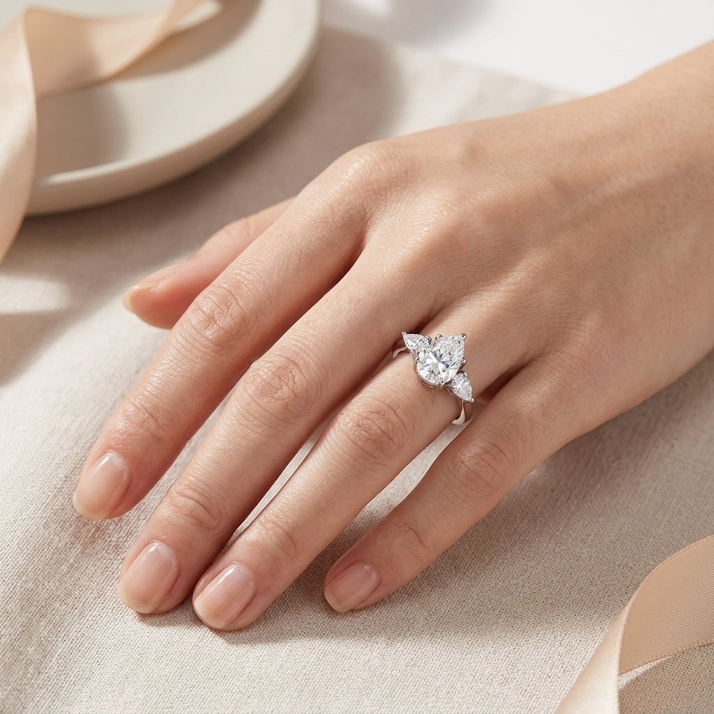 Model showing 3CT pear cut moissanite three-stone ring on hands in soft ambient light.