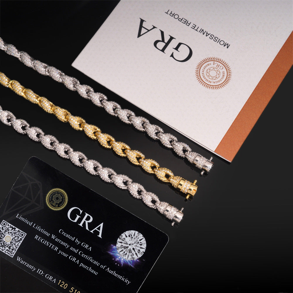 Parallel layout of 7.5mm moissanite iced out rope chains with GRA black warranty cards.