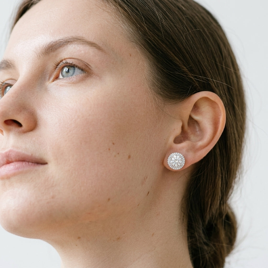 Iced Out Double Round Halo Solitaire Moissanite Stud Earrings