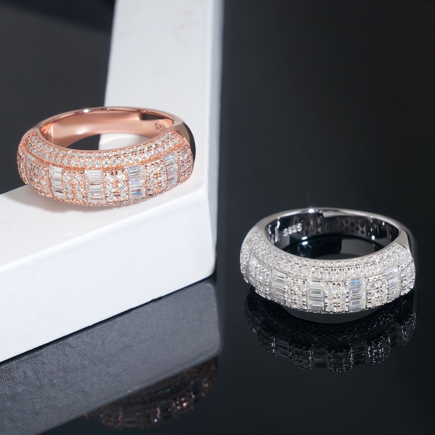 Square silver ring on dark background, showing full pavé sparkle. Alt: “925 Silver Hip Hop Square Moissanite Ring – Rhodium.”