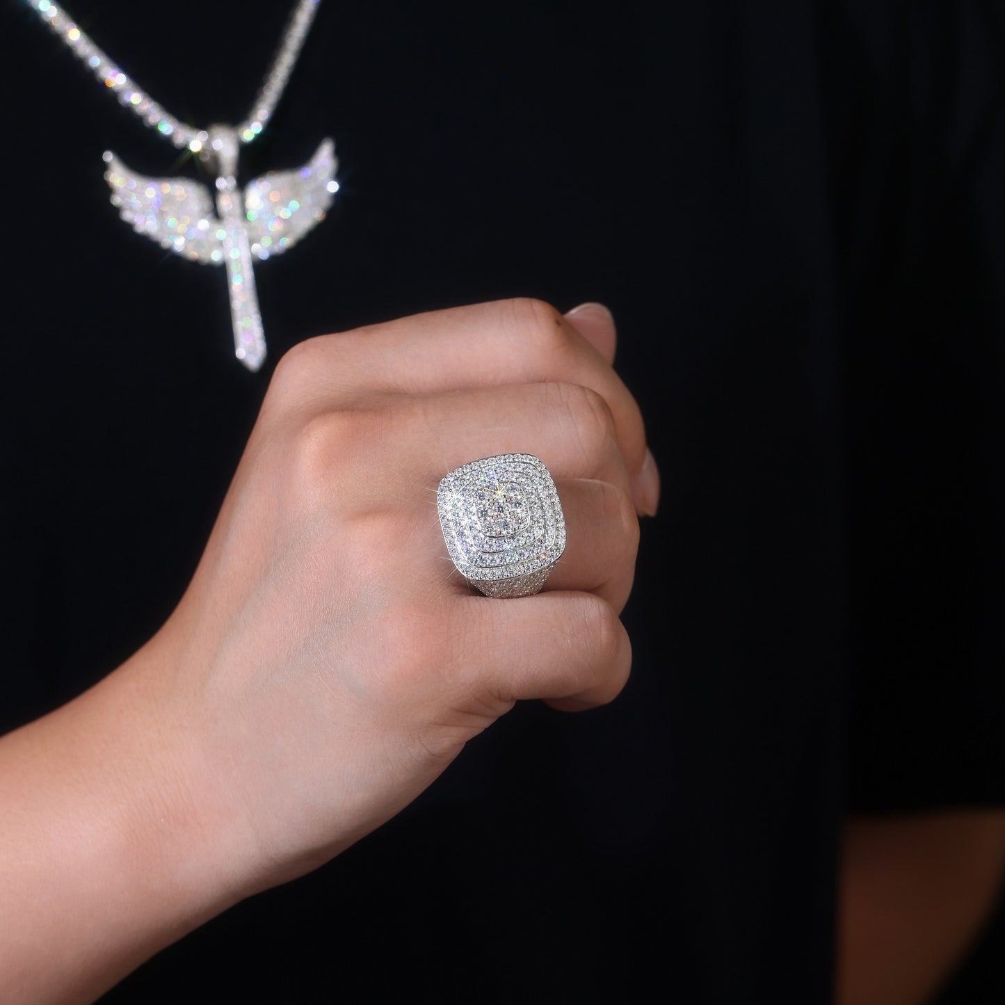 Model wearing the ring as the centerpiece of their outfit.