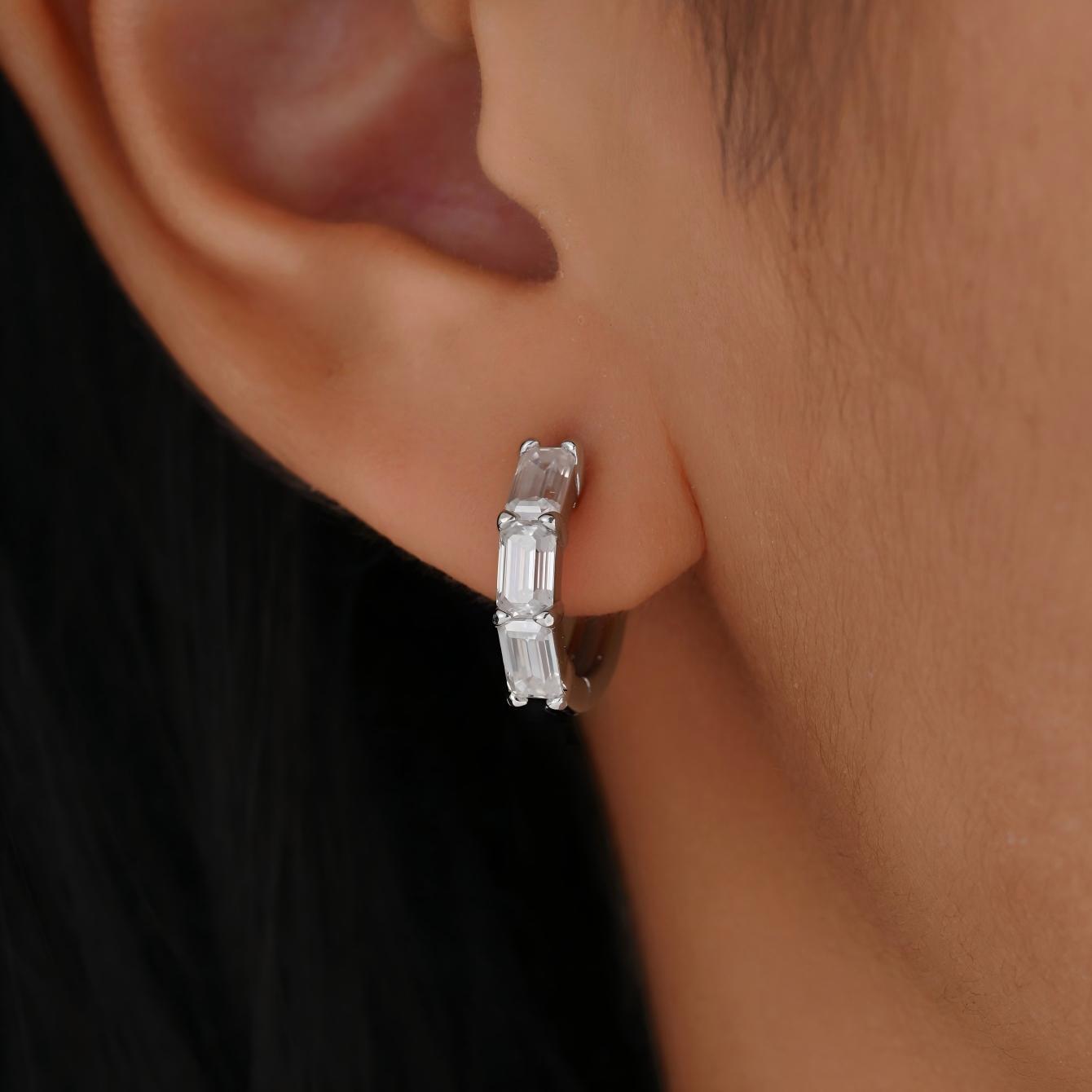 Earrings worn as elegant statement. Alt: “Sleek Sophistication: Emerald Cut Moissanite Earrings.”
