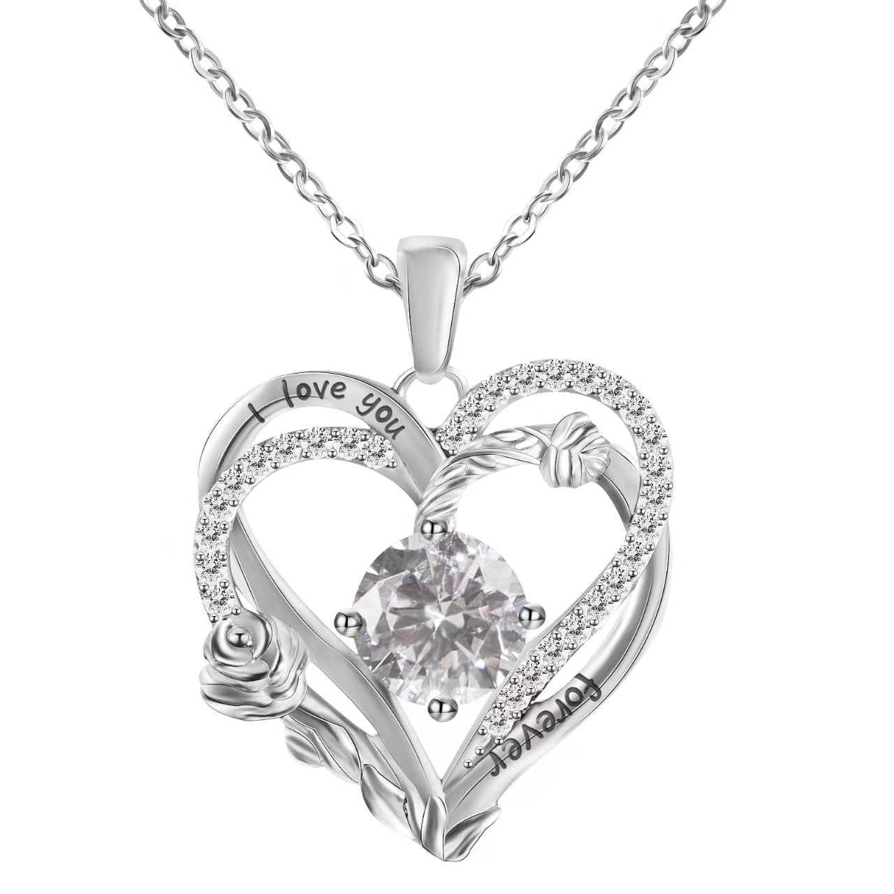 Silver heart-shaped pendant with 'I love you' engraving on a white background