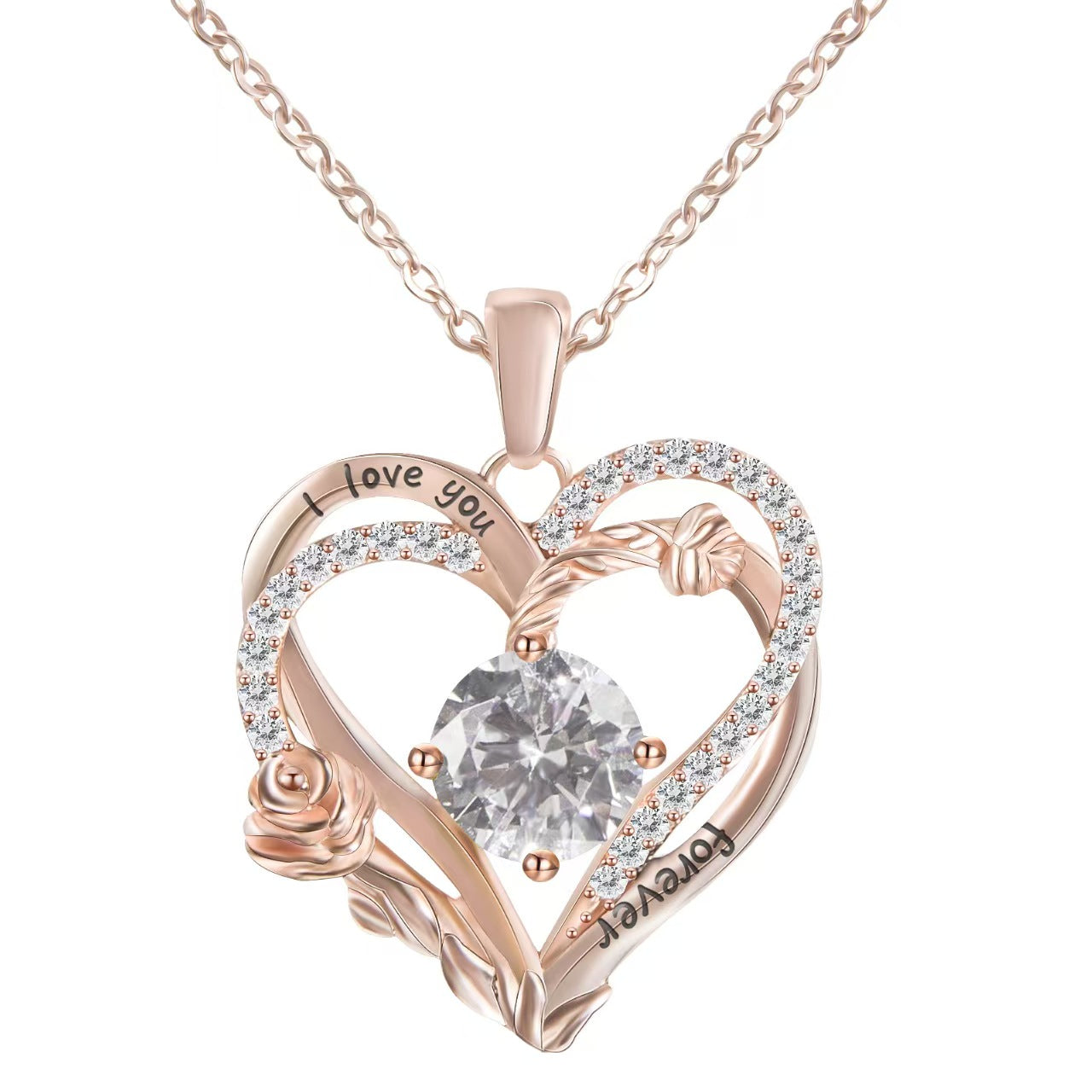 Rose gold heart-shaped necklace with 'I love you' engraving on a white background