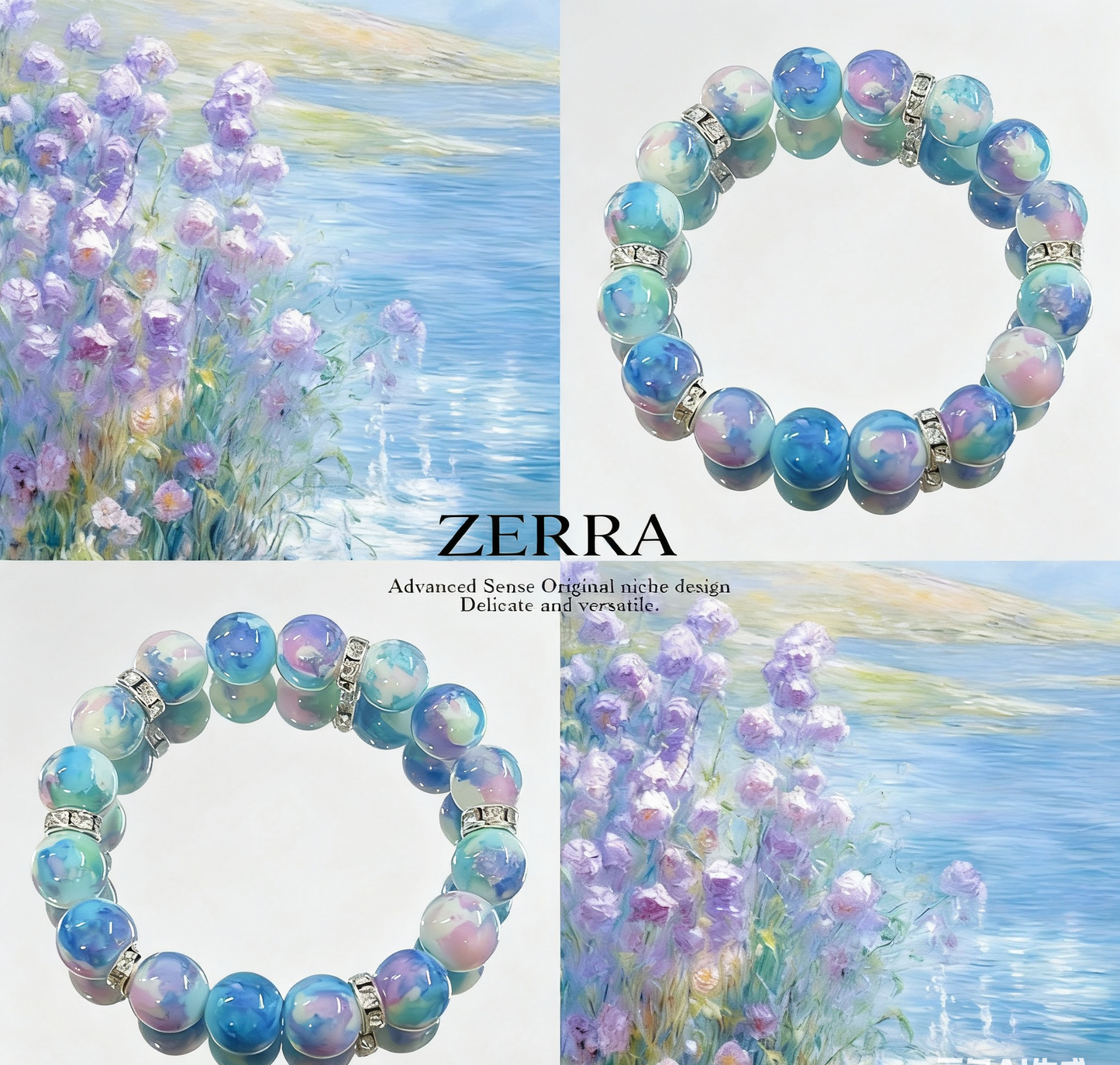 Colorful beaded bracelet with 'ZERRA' branding against a scenic background