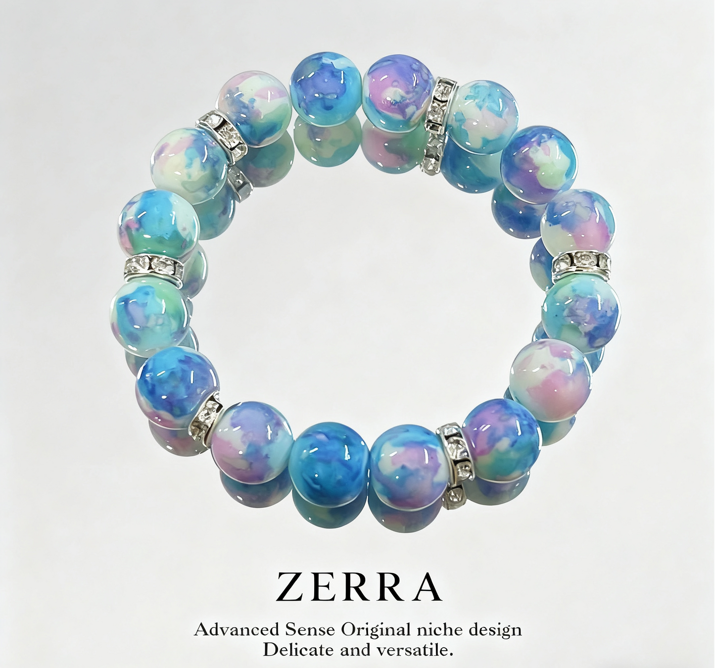 Multicolored beaded bracelet with 'Zerra' branding on a light gray background