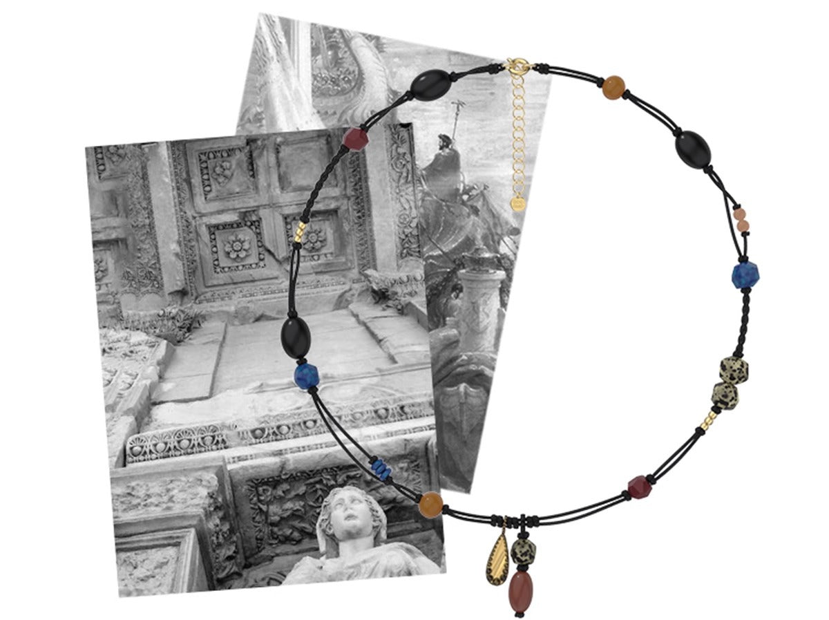 Necklace with colorful beads on a black background