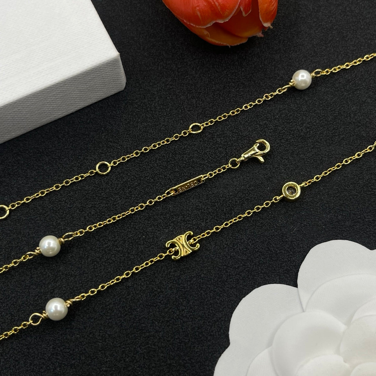 CELINE Triomphe Pearl and Crystal Gold-Tone Fine Chain Necklace