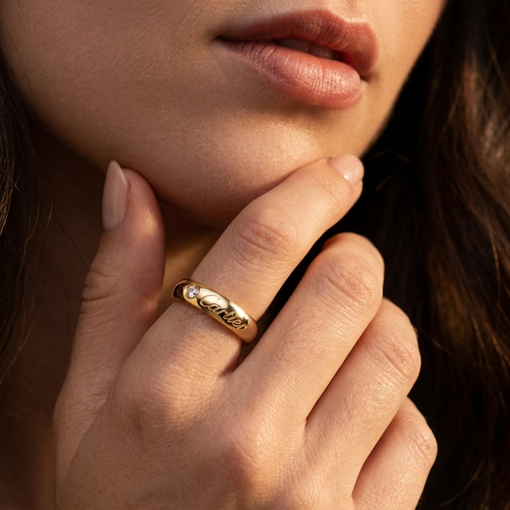 A close-up of a woman's hand and lower face wearing a slim gold band ring with engraved script lettering.