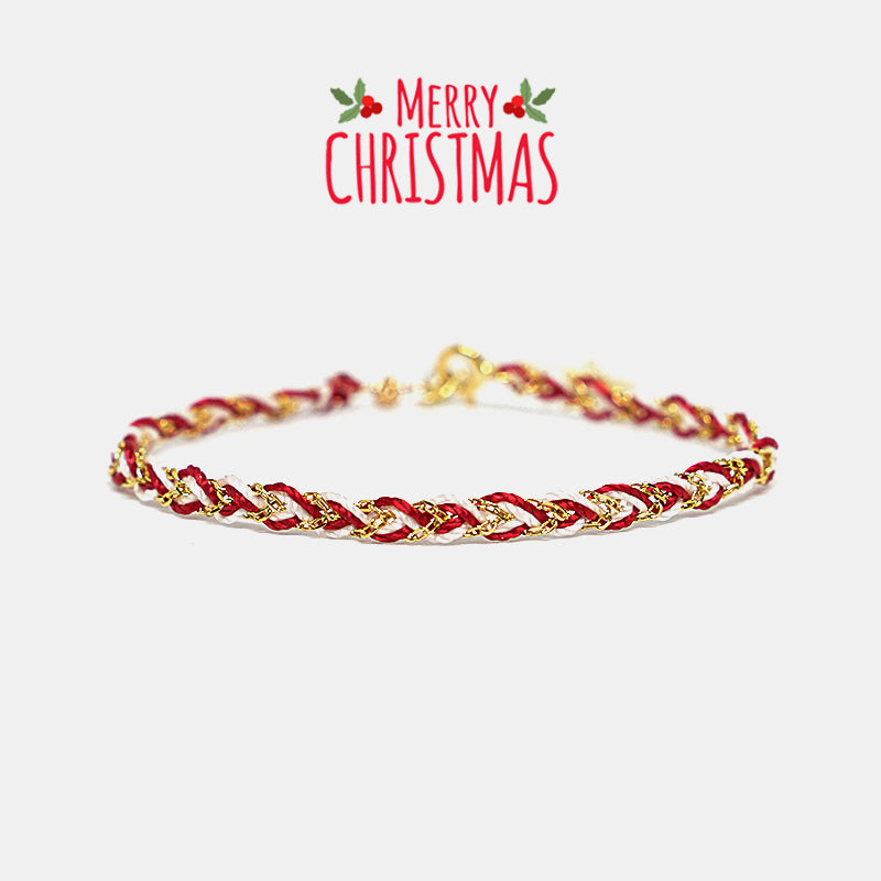 Red and gold braided bracelet on a white background with 'Merry Christmas' text.