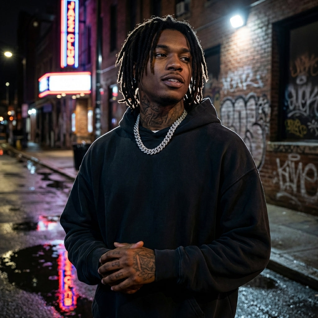 Man with braided hair and tattoos standing on a street at night with neon signs and graffiti in the background.