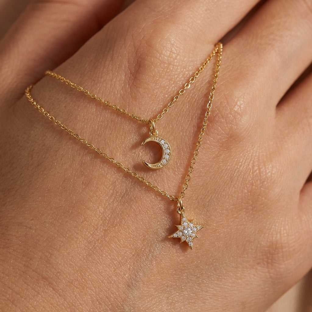 Macro, necklace draped across female hand, natural curve, warm soft light, mirror metal shine, sharp sparkle, blurred skin background, detailed texture, intimate luxury feel.
