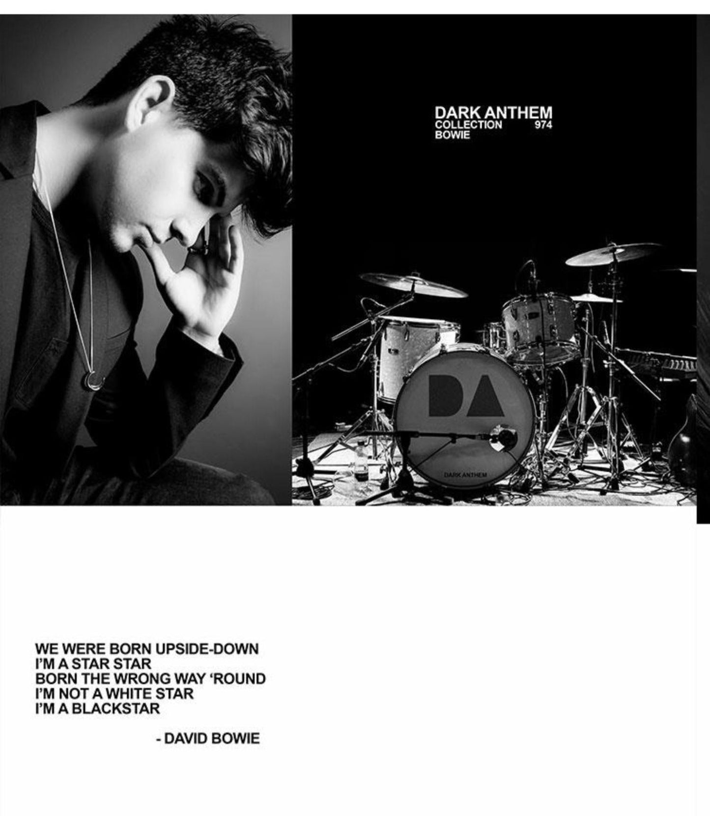 Black and white image of a person with headphones and a drum set with 'DA' logo, featuring David Bowie's 'Dark Anthem' collection.