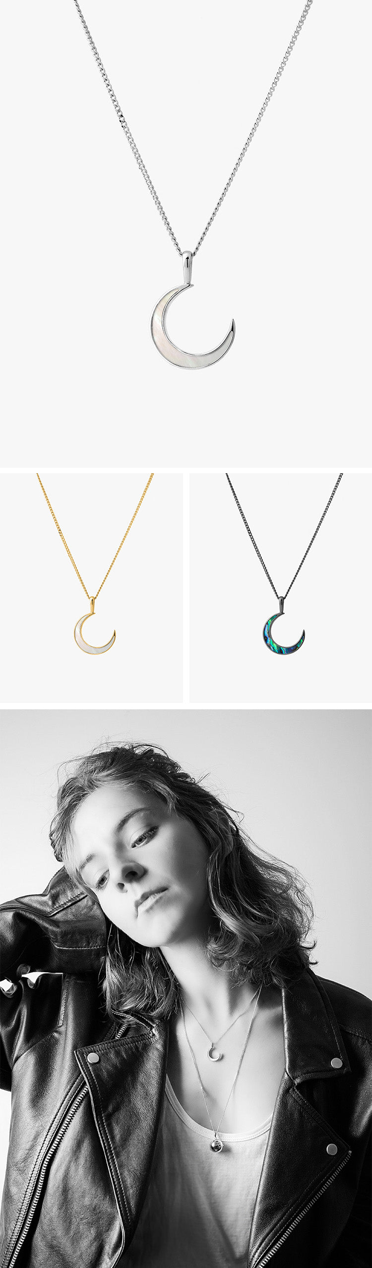 Collection of moon-shaped necklaces in various colors with a model wearing one.