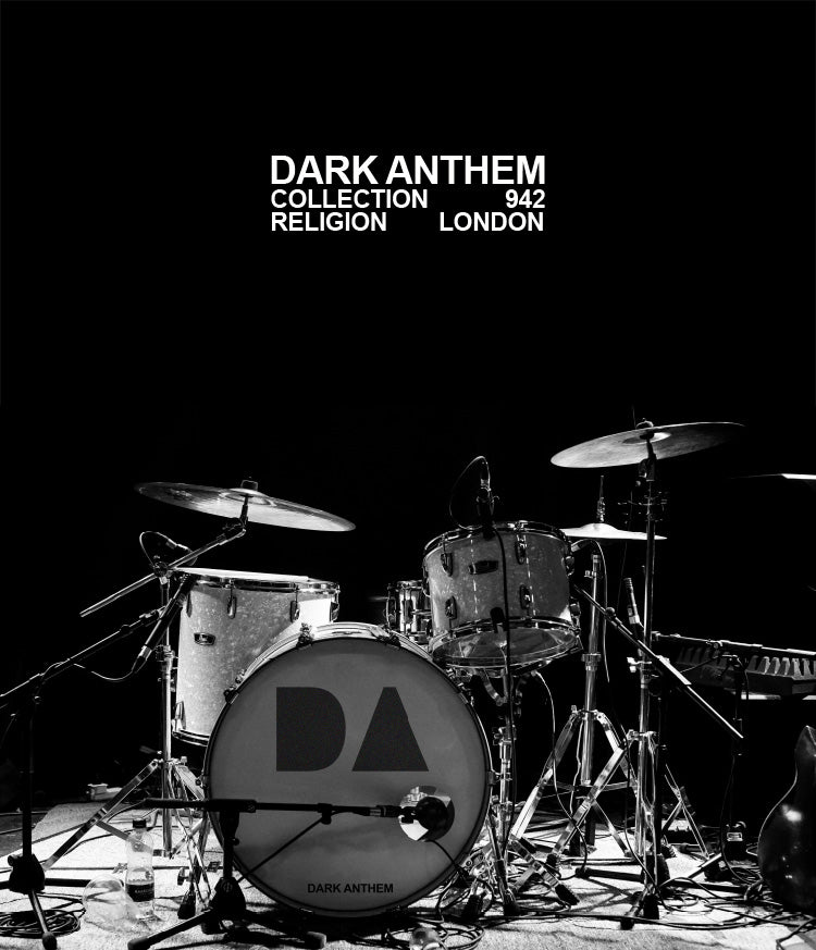 Drum set with 'Dark Anthem' branding on a black background