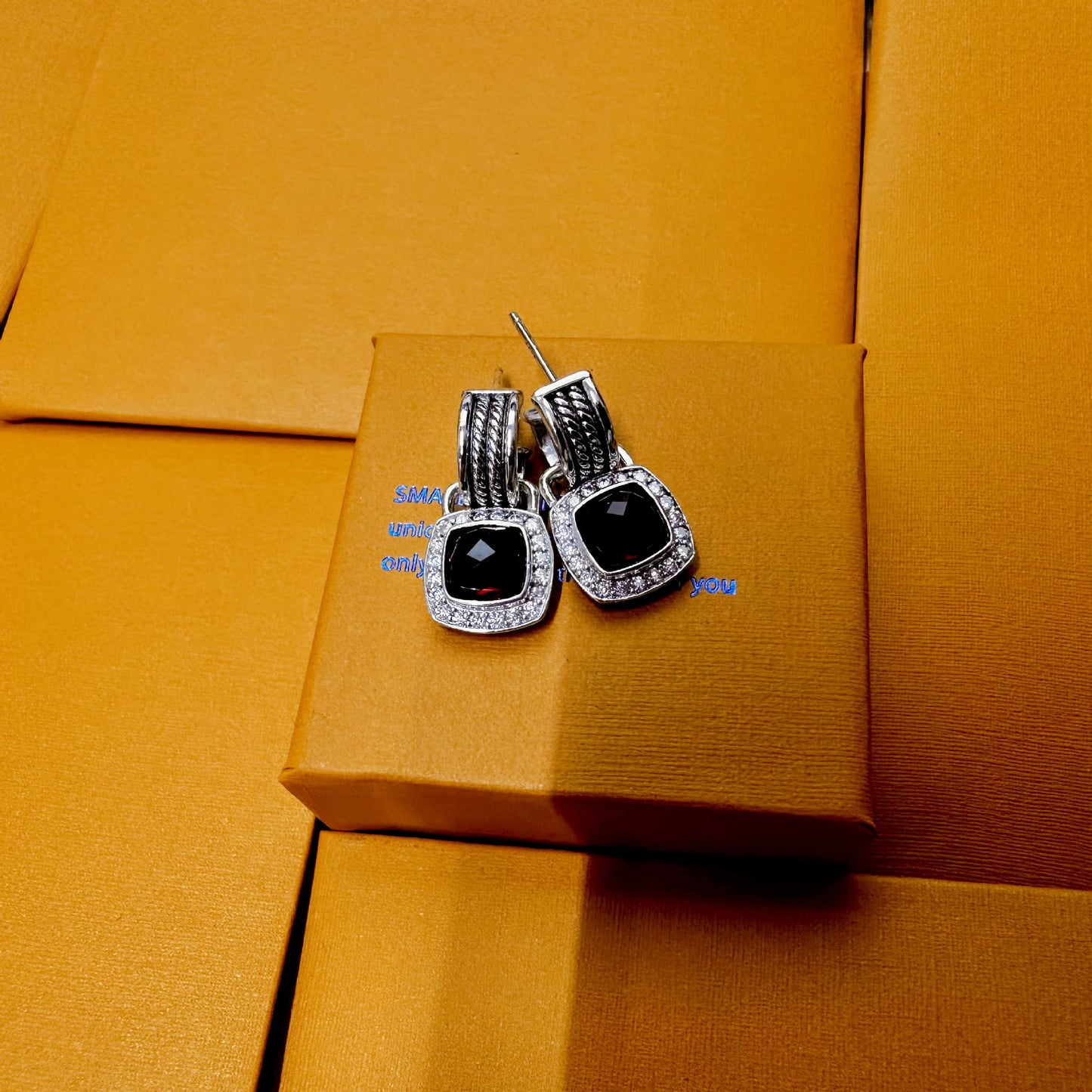 Pair of earrings on a brown box with visible brand name.