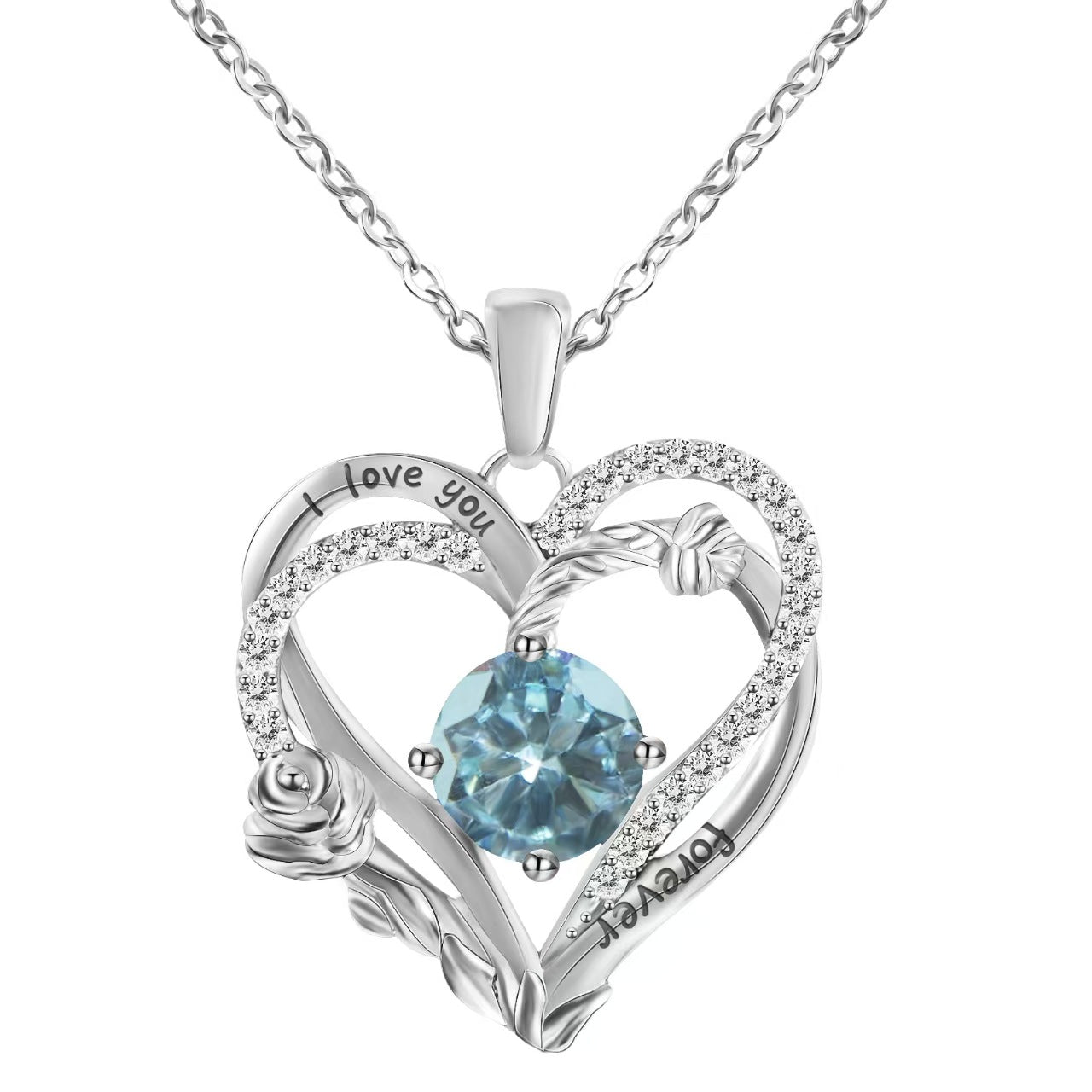 Heart-shaped silver pendant with blue gemstone and 'I love you' engraving on a white background