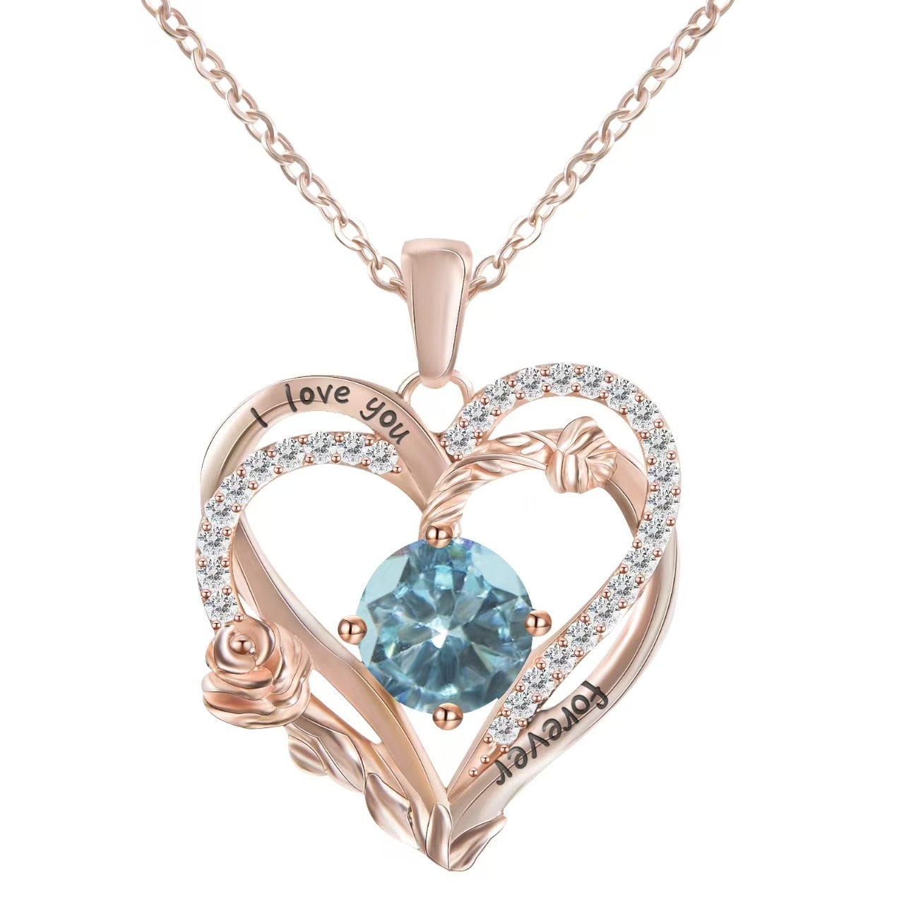 Heart-shaped rose gold pendant with blue gemstone and 'I love you' engraving on a white background