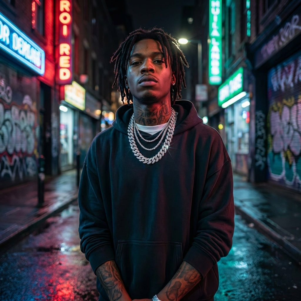 Man with tattoos and a hoodie standing on a neon-lit street