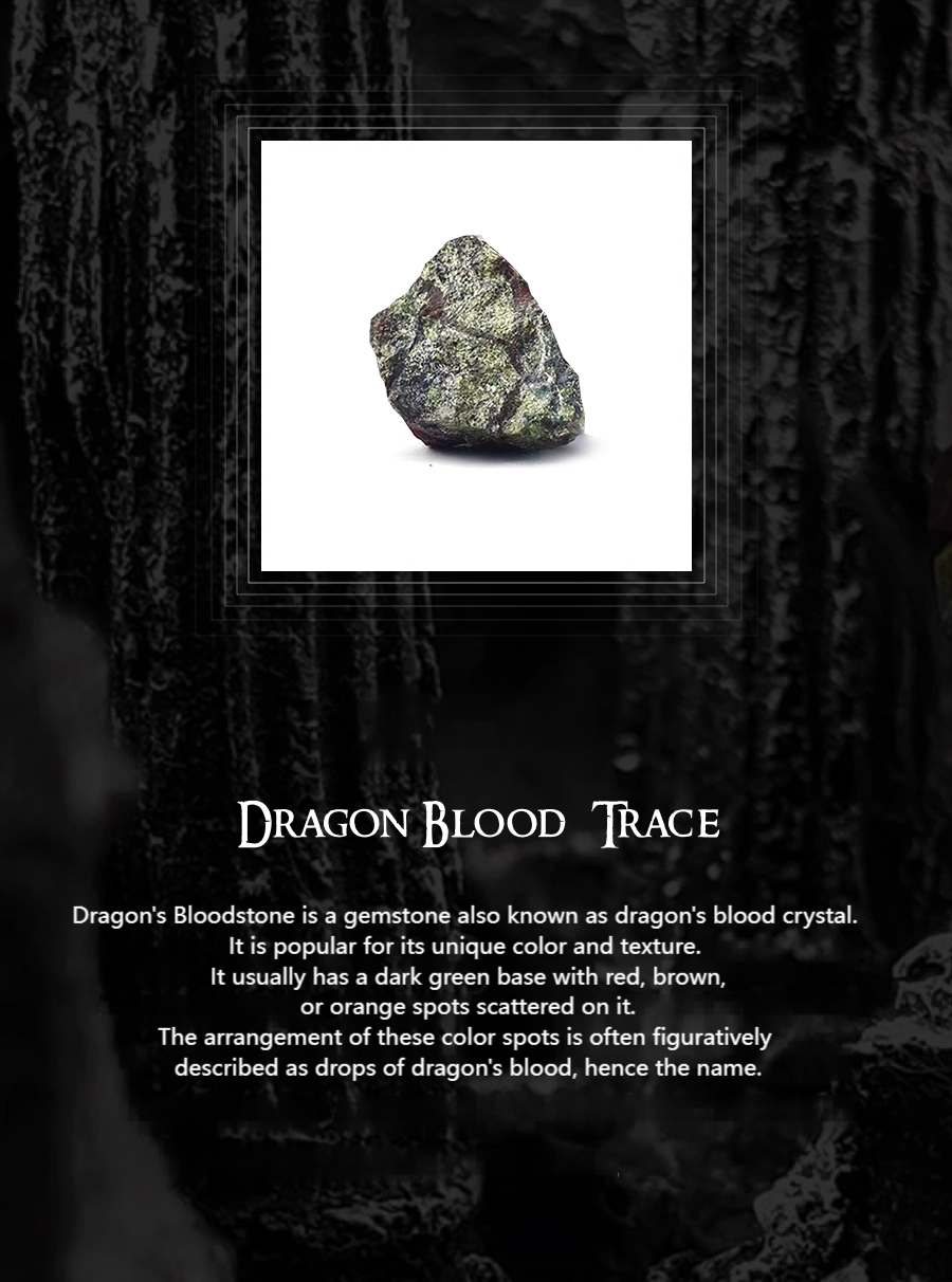 Dragon Blood Trace gemstone with descriptive text on a dark background