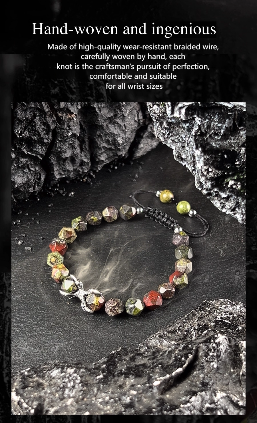 Hand-woven bracelet with colorful beads on a dark stone surface