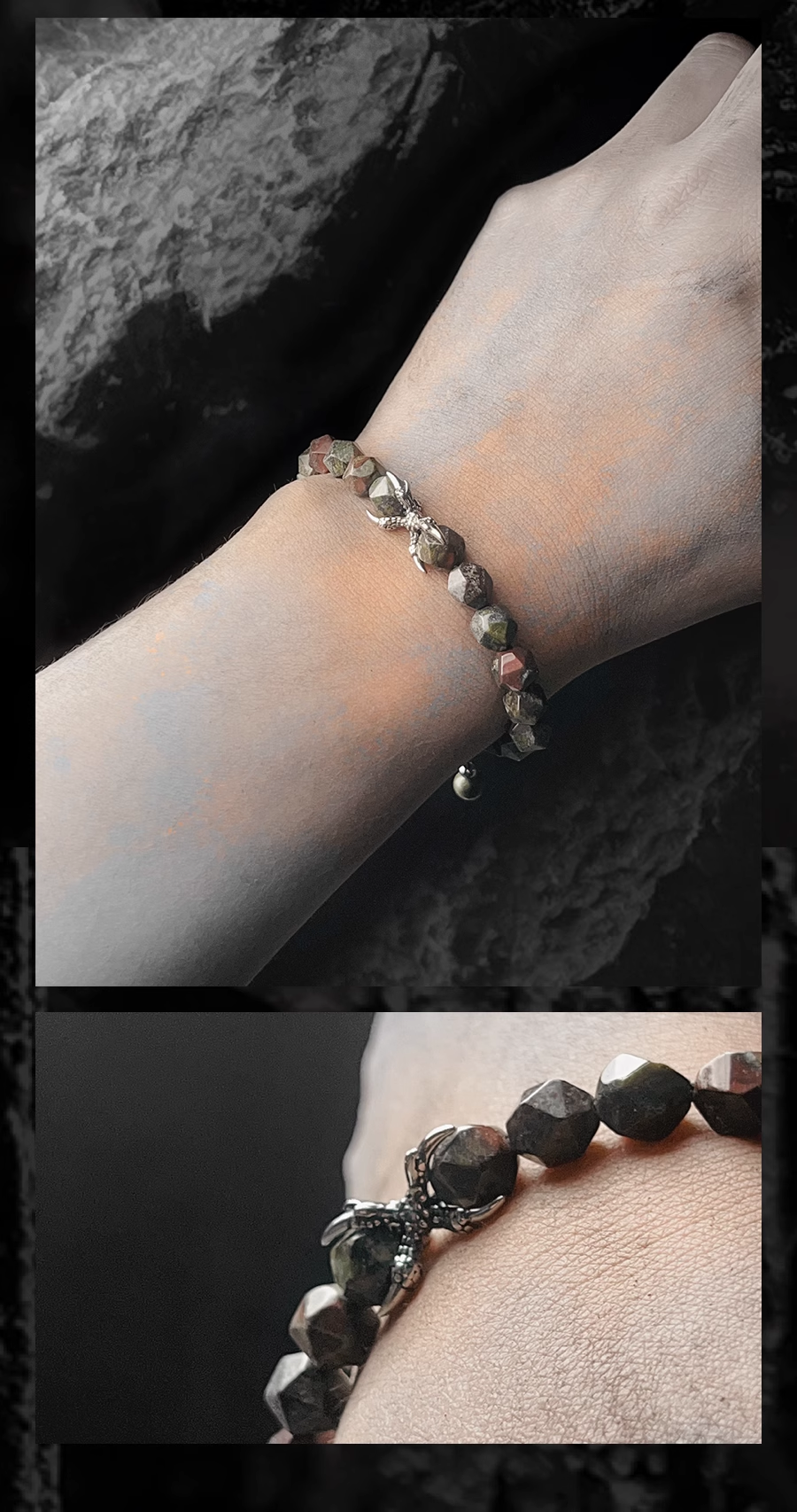 Bracelet with dark beads on a wrist against a dark background