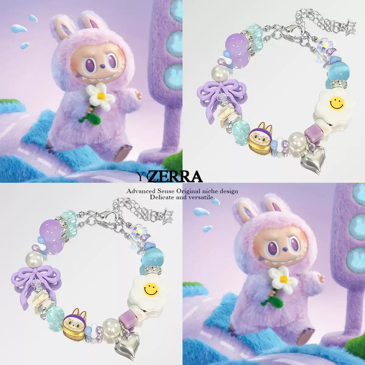 Colorful bracelet with charms featuring a cute character, displayed against a white background.