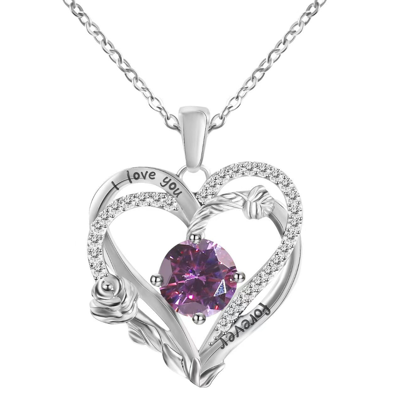 Heart-shaped silver pendant with purple gemstone and 'I love you' engraving on a white background