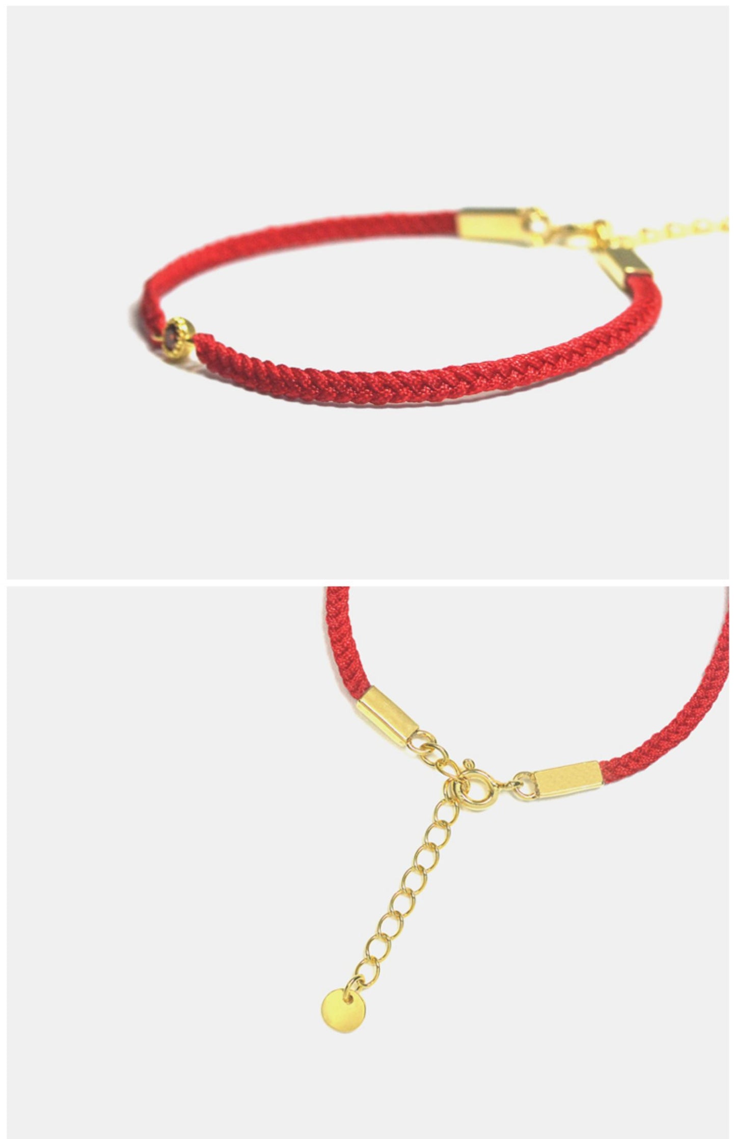 Red bracelet with gold accents on a white background