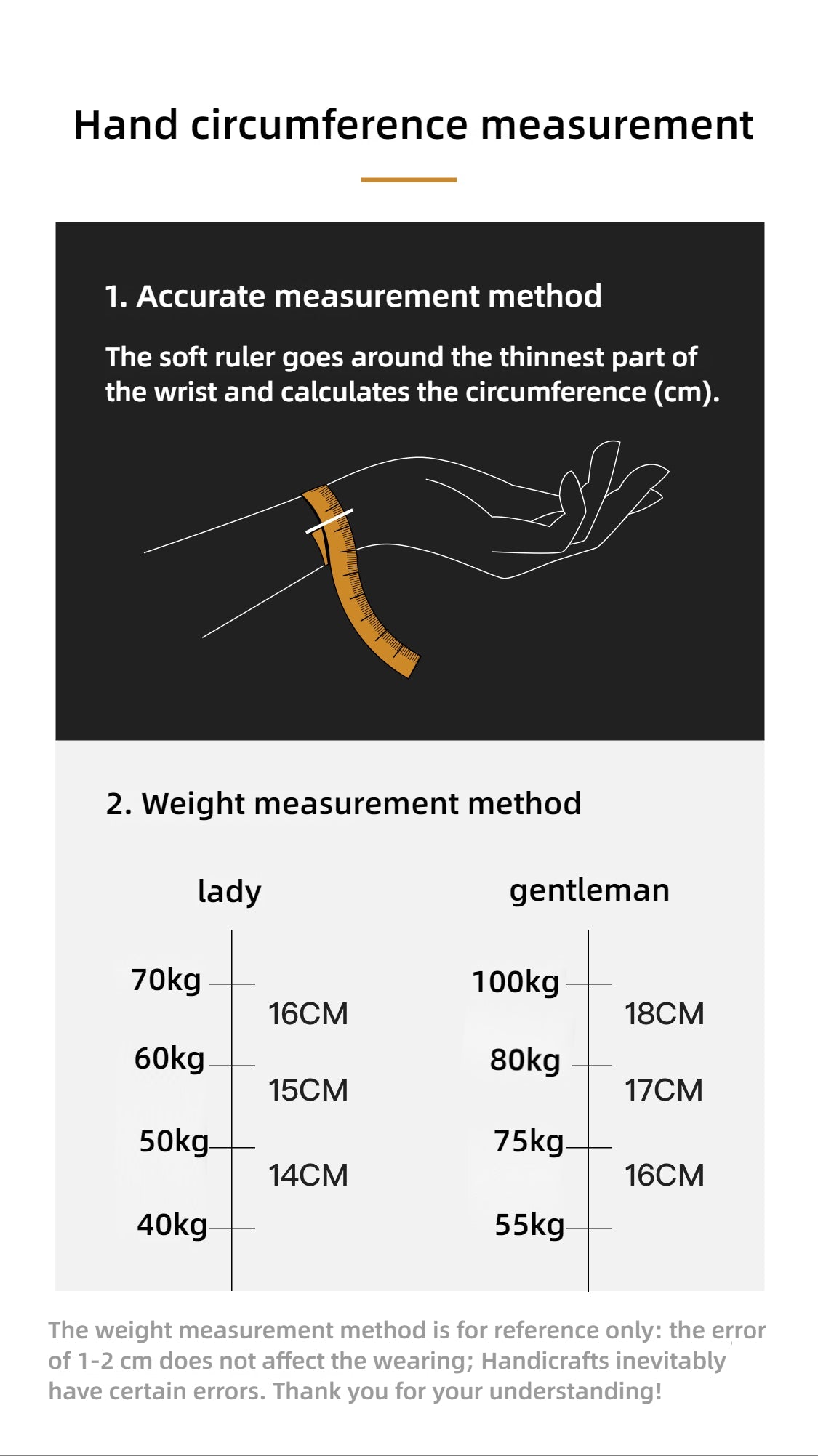 Hand circumference measurement guide with soft ruler illustration and weight measurement chart.