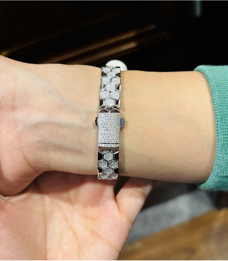 Female Model: Model wearing the bracelet on wrist, alone or stacked with other bracelets