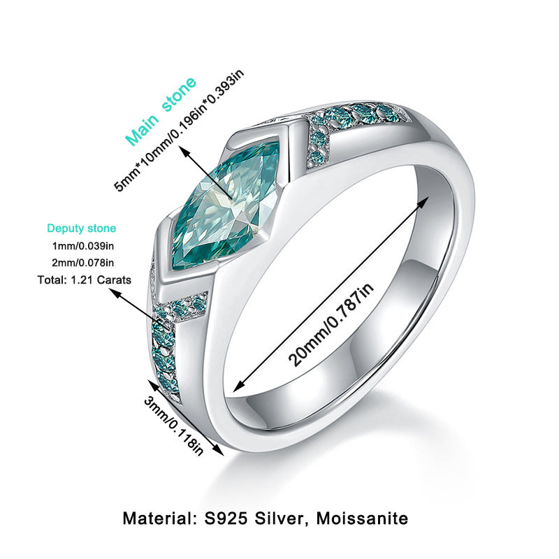 Silver ring with teal gemstone and measurements on a white background