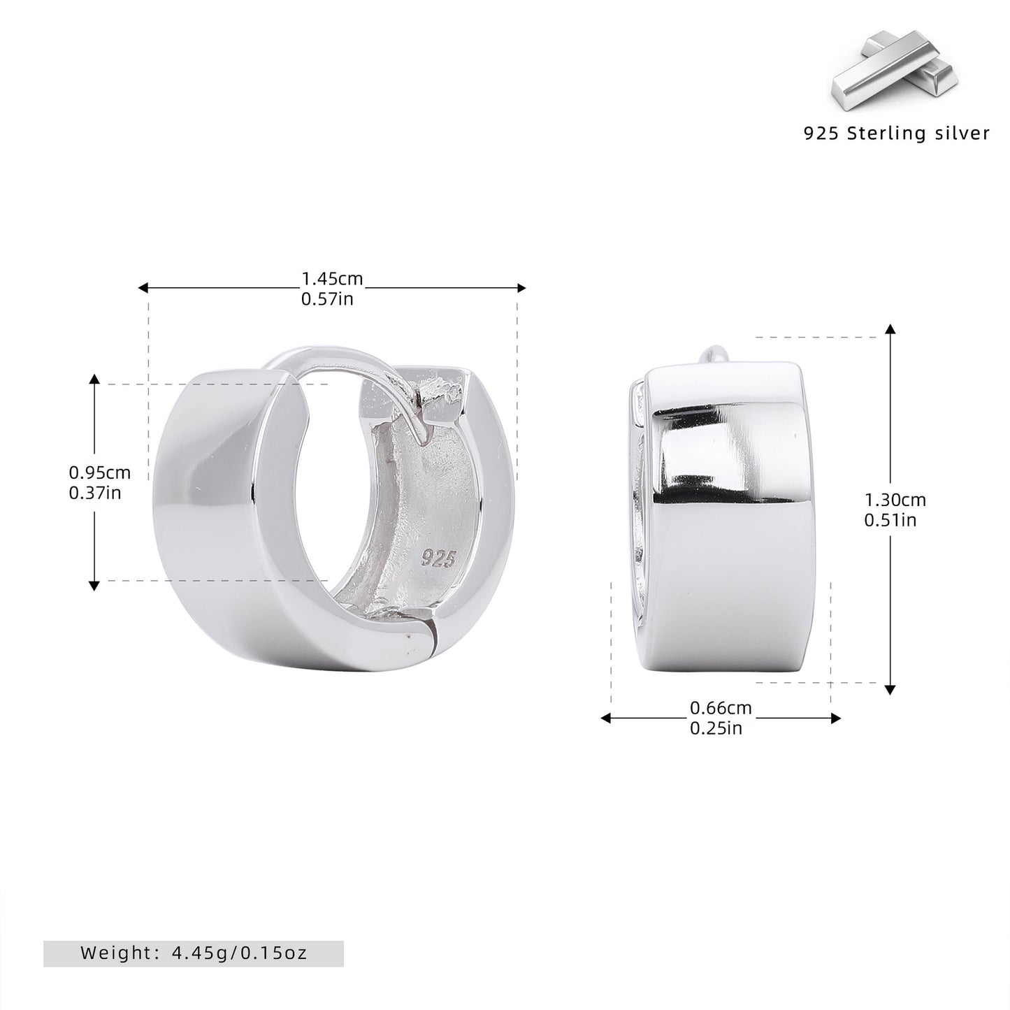 Silver hoop earrings with measurements and material information on a white background